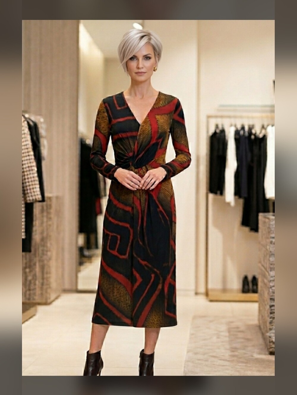 ​NWT ESCADA Luxury Drape Midi Dress Sz 36 US 4/6 Gold Rust Black.